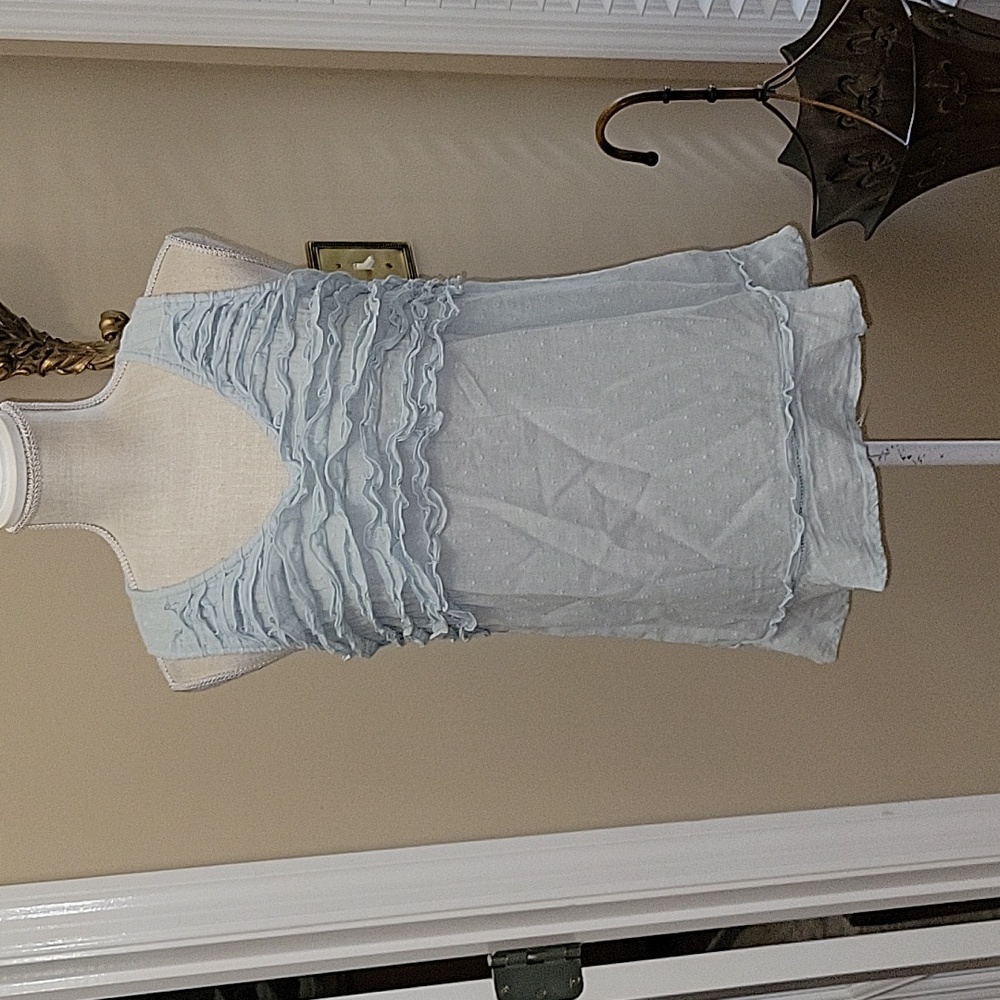 Vintage America baby blue sleeveless ruffle top 100% cotton Med Made In INDIA…